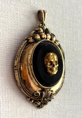 Antique Edwardian Memento Mori Brass Gold Plated Skull Black Stone Pendant