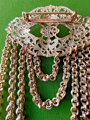 Stunning, Dangle Drop Multi-Chain, Faux Pearl Pin Brooch, Antique Gold Tone