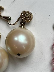 Vintage Napier Huge Pearl Cabochon Filigree Gold Dangle Drop Clip On Earrings