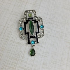 Silver Tone Multicolor Blue Green Rhinestone Brooch Art Deco Reproduction Design