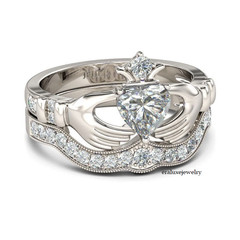 1.50Ct Heart Cut Moissanite Crown Claddagh Engagement Ring 14K White Gold Plated