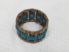 Vintage Boho Tribal Solid Brass & Teal Acrylic Inserts Stretch Bracelet