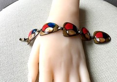 Vintage Kay Denning Red Blue and Copper Enamel Bracelet