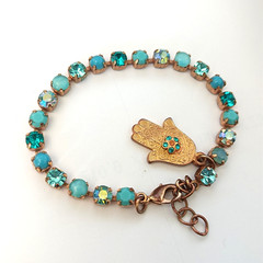 AMARO Tennis Bracelet Hamsa Turquoise Aqua Blue Crystals Gold Tone VTG Boho AB