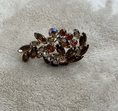 Vintage Brooch Amber Tones Navette AB Rhinestone Pin Layered Leaf Design 2.5 in.