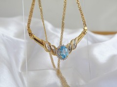 14K Gold on Sterling Silver 925 Natural Heated Blue Topaz Diamond Necklace 18″