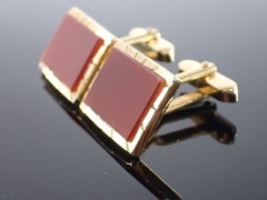 Vintage Gold Tone Red Stone Rectangular Cufflinks Mid Century Style
