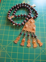 KENNETH LANE Necklace~Vintage GT BIG MAYAN pendant + Wooden Beads~Signed~FREE H