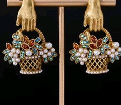 Whimsical Flower Basket Earrings Faux Pearls Rinestones, Vintage Bronze Dangle
