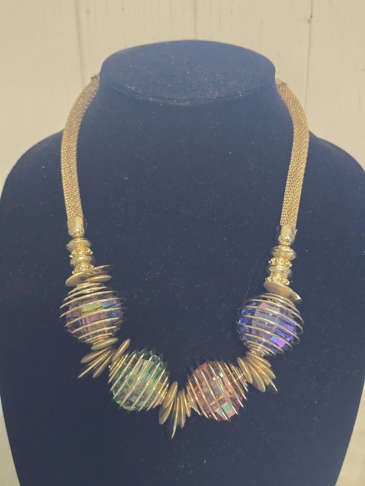 Vintage Colorful Plastic Beads Metal Wrapped Necklace