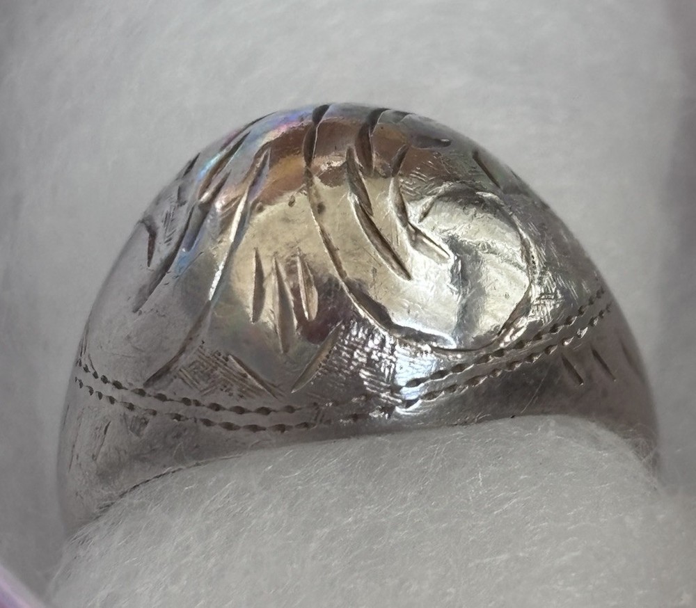 Vintage 925 Sterling Silver Engraved Signet Ring Leaf Floral Design Size 6.5