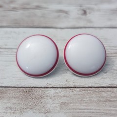 Vintage Stud Earrings For Pierced Ears Slightly Domed White with Red