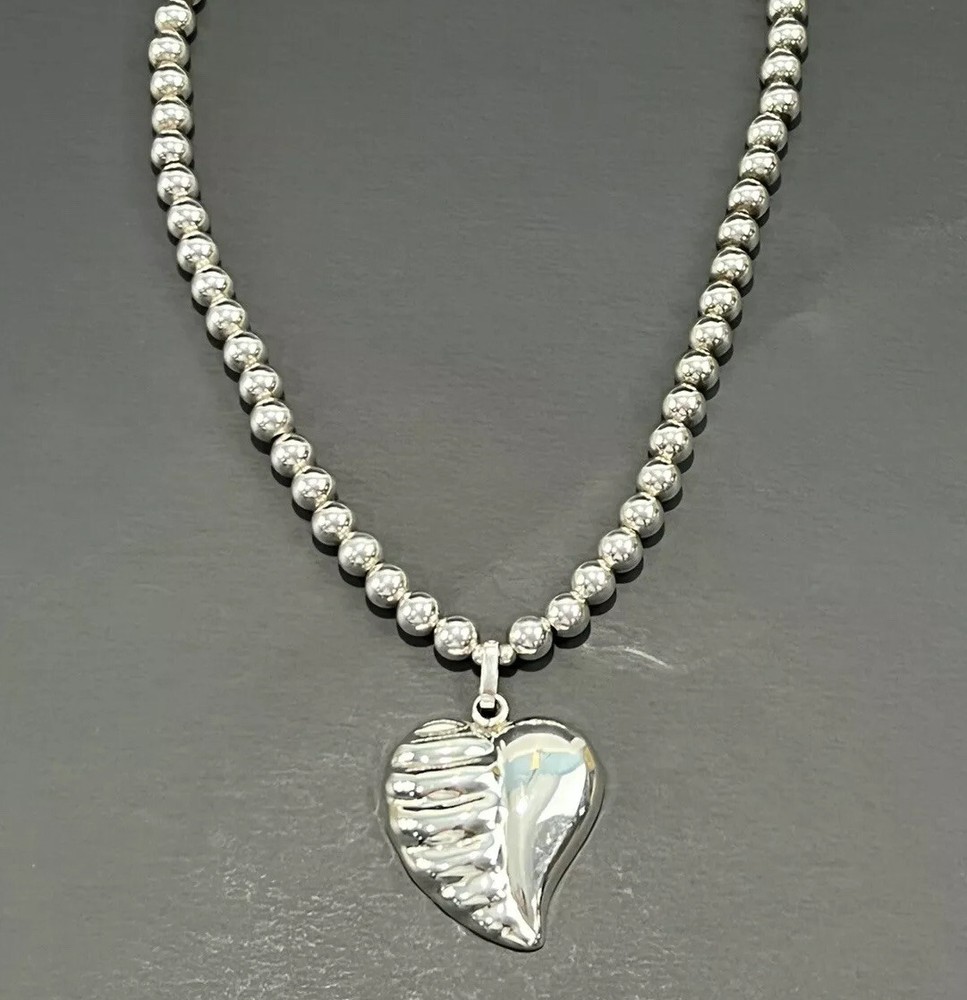 Sterling Silver Ball Bead Chain Necklace W Heart Pendant , Taxco 8mm 20” 32g