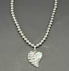 Sterling Silver Ball Bead Chain Necklace W Heart Pendant , Taxco 8mm 20” 32g