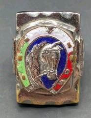 Vtg MCM Mexico Horse Head Horseshoe Ring Green White Red Blue Enamel Biker Ring