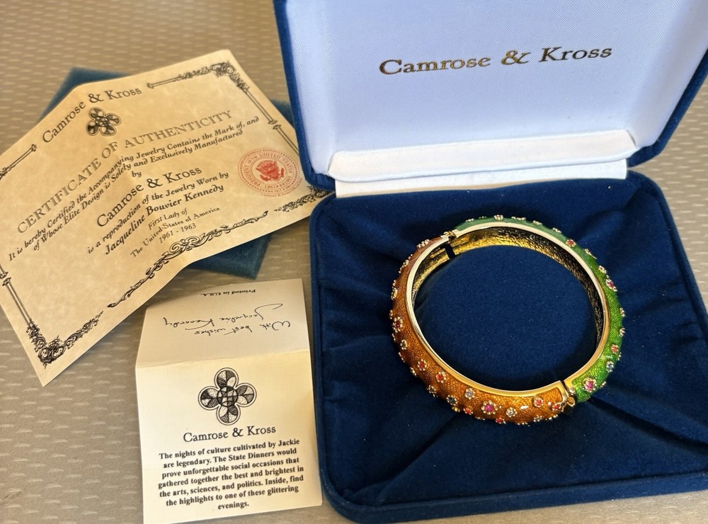 Jackie Kennedy JBK Camrose Kross Enamel Jeweled Hinged Bangle Bracelet Box COA