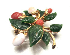 Vintage Swoboda Semi Precious Jade Pearl and Coral Gold tone Berry Brooch