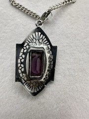 Antique Lavalier Pendant Purple Glass White Gold Plated Filigree Damaged READ