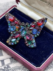 Weiss Butterfly Brooch Multicolor Rhinestone Figural Pin Signed 2.5” VINTAGE