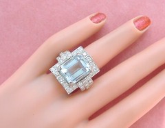 ESTATE ART DECO 10ct AQUAMARINE 1.35ctw DIAMOND PLATINUM STATEMENT COCKTAIL RING