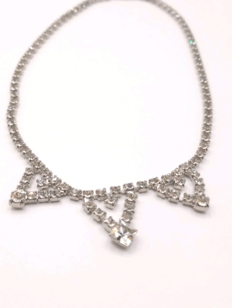 Vintage Clear Rhinestone Necklace Silver Tone Crystal 15 in