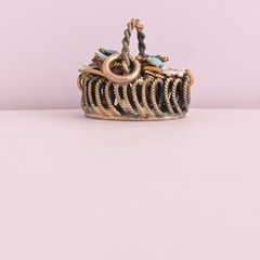 Antique Victorian 3-D Flower Basket ENAMEL Gold Filled Charm Pendant