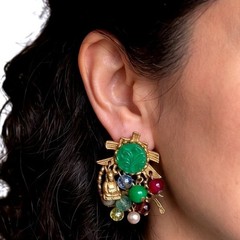 Vtg ART Arthur Pepper Asian Pagoda Dangle Earrings Faux Carved Jade Buddha