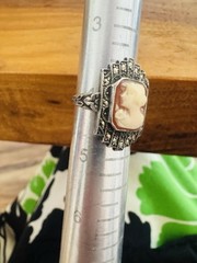 Vintage Carved Shell Cameo Marcasite cocktail band Ring size 4