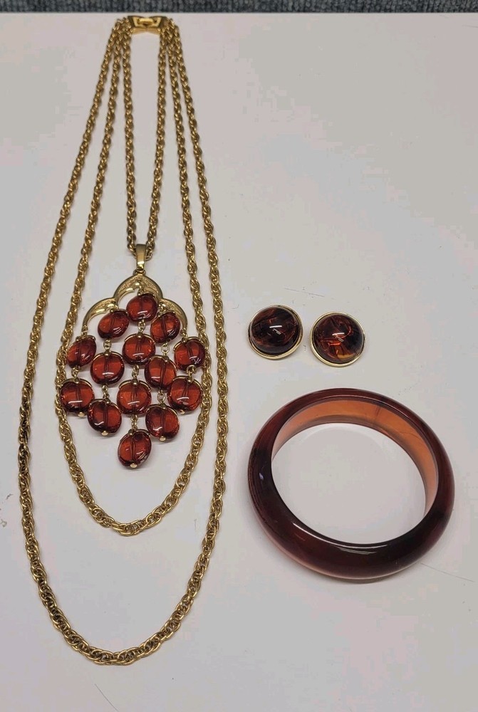 ALFRED PHILIPPE CROWN TRIFARI ROOT BEER 3 STRAND WATERFALL NECKLACE Set W/Extras
