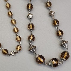 Vintage Glass Beaded Necklace Yellow Brown Faceted Silver Tone Caps 44″