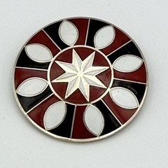 Vintage Enamel Geometric Starburst Brooch Red Black White Round 1.75″