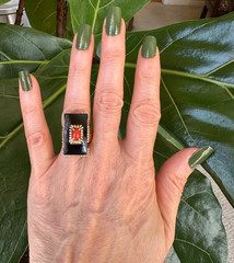 Estate Mid-Century Coral & Onyx Cocktail Ring | 14k Yellow Gold | Ribbed Shank