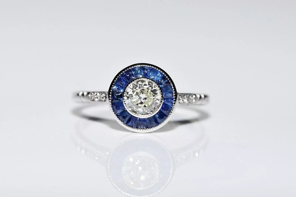 Art Deco Style Round Lab Created Diamond & Sapphire Halo 14K White Gold FN Ring