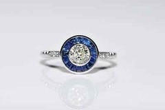 Art Deco Style Round Lab Created Diamond & Sapphire Halo 14K White Gold FN Ring