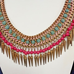 Vtg Egyptian-style Spiked BIB necklace W/ Copper Tone Spikes Pink & Green Beads