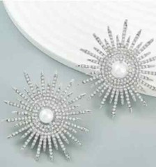Big Round White Faux Pearl Earrings Silver Tone Rhinestone Earrings Pierced Stud