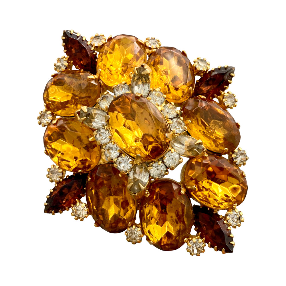 Vintage 1960s Unsigned Brown Golden Yellow Jewel-tone Rhinestone Brooch Pendant