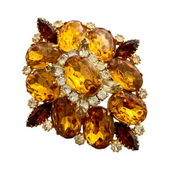 Vintage 1960s Unsigned Brown Golden Yellow Jewel-tone Rhinestone Brooch Pendant
