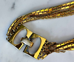 Vintage Five Strand Layered Necklace with Statement Clasp Gold Tone 19”