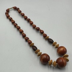Vintage Wood Bead Necklace Brown Tan Graduated Round Barrel Beads 20 Inch
