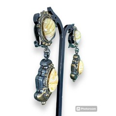 Clip-On Dangle Drop Earrings Beaded Signed