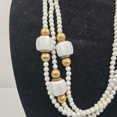 Dauplaise VTG White Beaded Necklace 30″ Gold Tone Long Statement Modernist