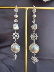 Extra Long Mabe Pearl Statement Earrings, Asymmetrical Sun Moon Dangle