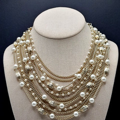 Elegant Multi Chain Bead Faux Pearl Gold Tone Layered Necklace Vintage 18 Inch
