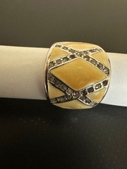 Vintage Art Deco 18KT H.G.E. Rhinestone Yellow Enamel Wide Band Ring Size 7.5-8.