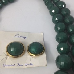 Vintage Double Layered Plastic Round Faceted Green Beaded Necklace Earrings