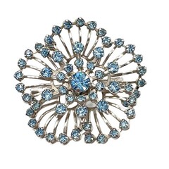 Vintage Blue Rhinestone Wavy Flower Petals Silver Tone Brooch Pin Pendant