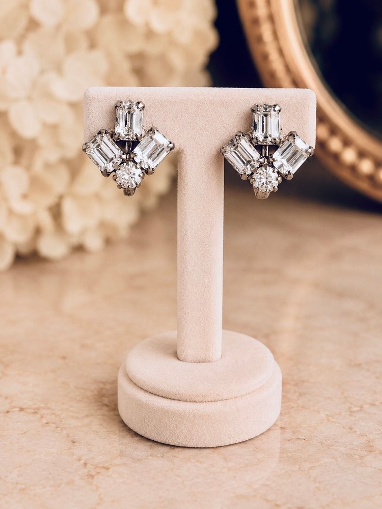 Vintage Mid-Century Atomic Style Baguette & Round Clear Crystal Clip-On Earrings