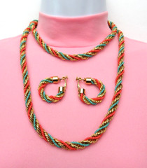 VTG 1950s 60s DOUBLE STRAND EGYPTIAN REVIVAL RUNWAY NECKLACE & EARRINGS GOLDEN