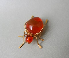 Vintage Natural Baltic Amber Beetle Brooch USSR Gold-Plated Pin 1965s